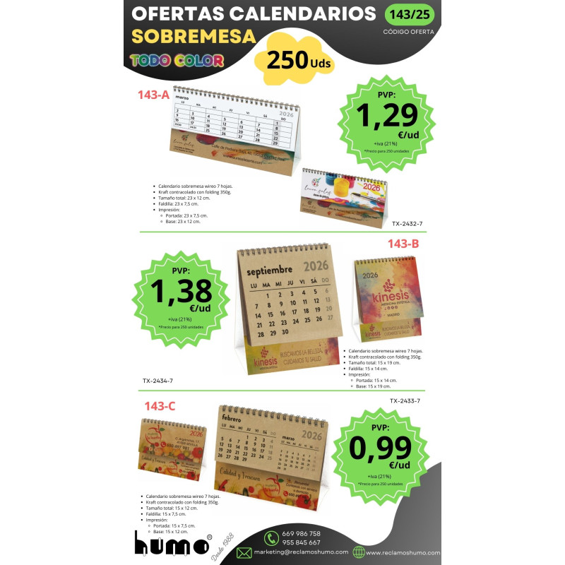 OFERTA 143/25: CALENDARIOS SOBREMESA KRAFT TODO COLOR