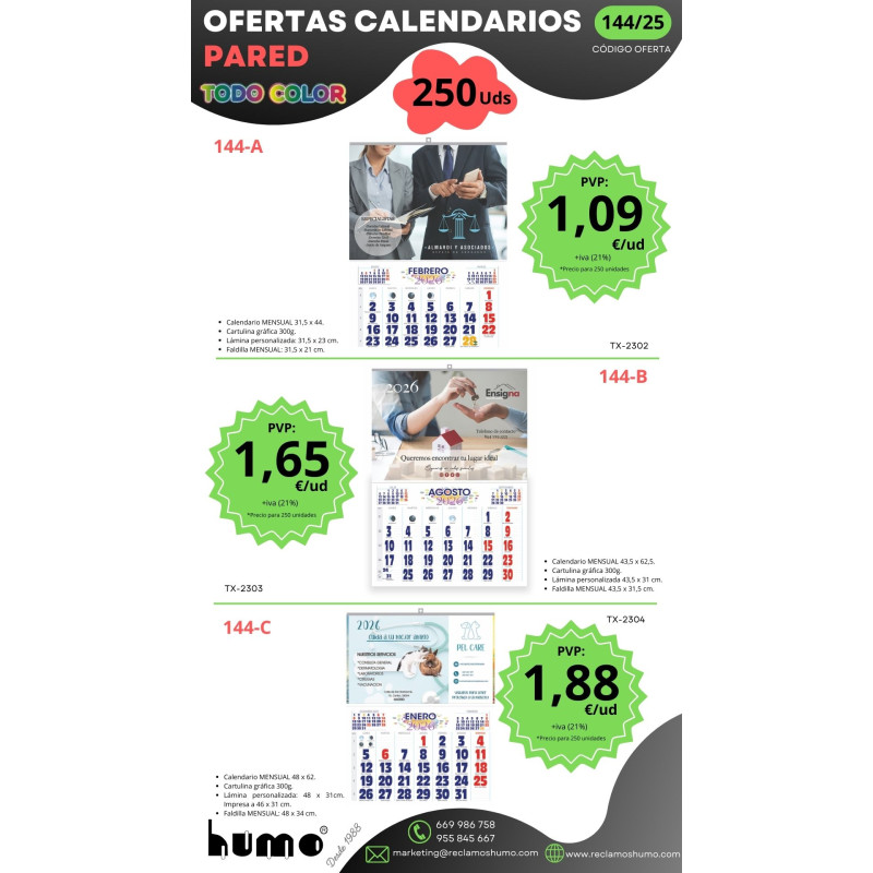 OFERTA 144/25: CALENDARIOS PARED CARTULINA GRAFICA