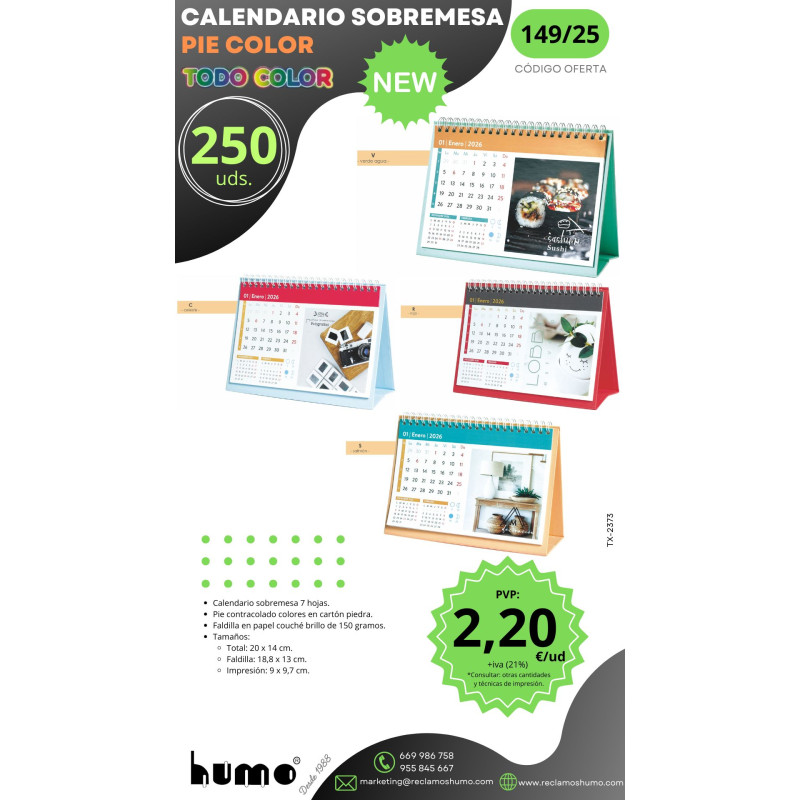 OFERTA 149/25: CALENDARIO SOBREMESA PIE COLOR